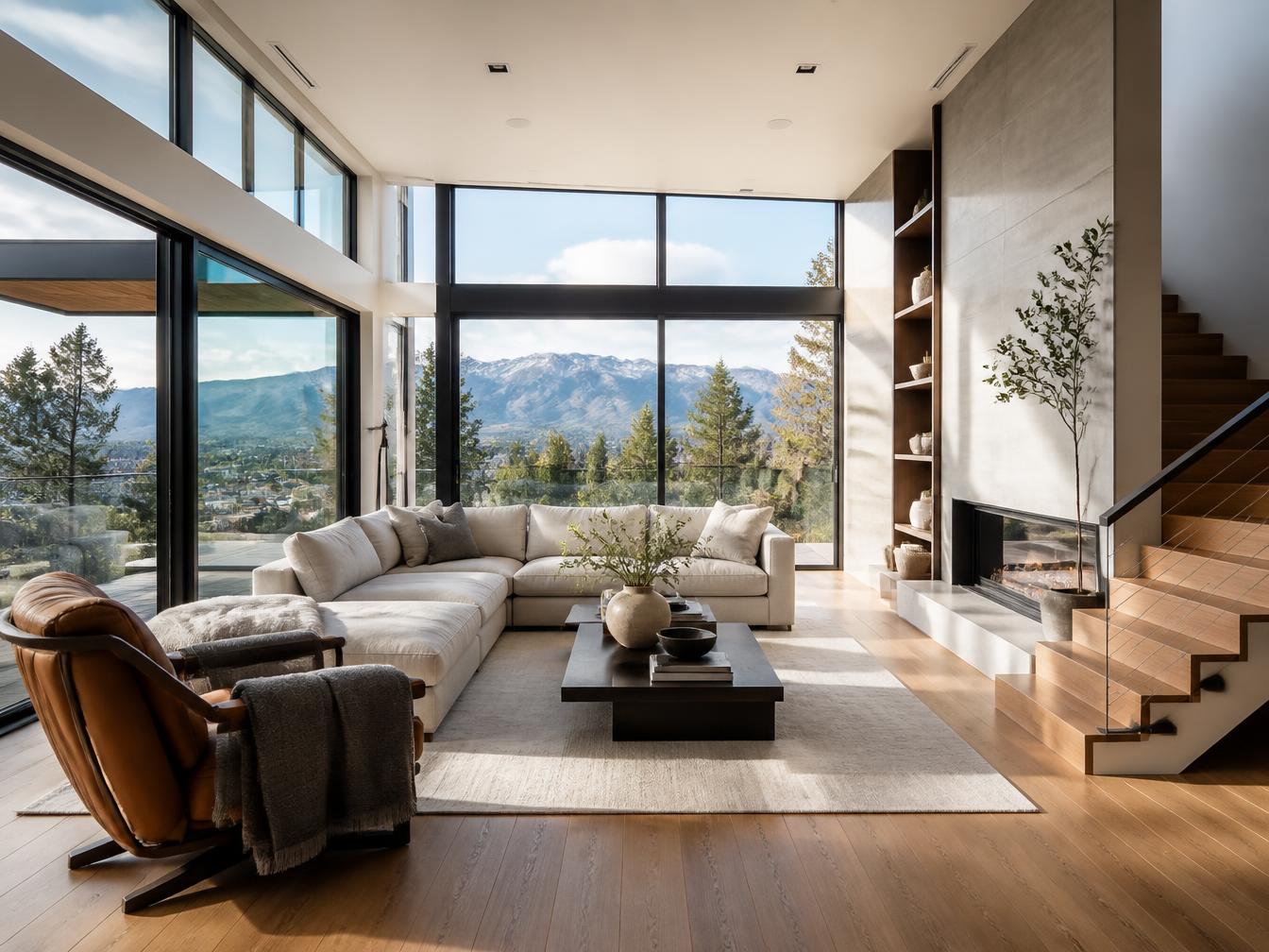 Demo-Projekt Immobilien: Helles, modernes Wohnzimmer mit Bergblick