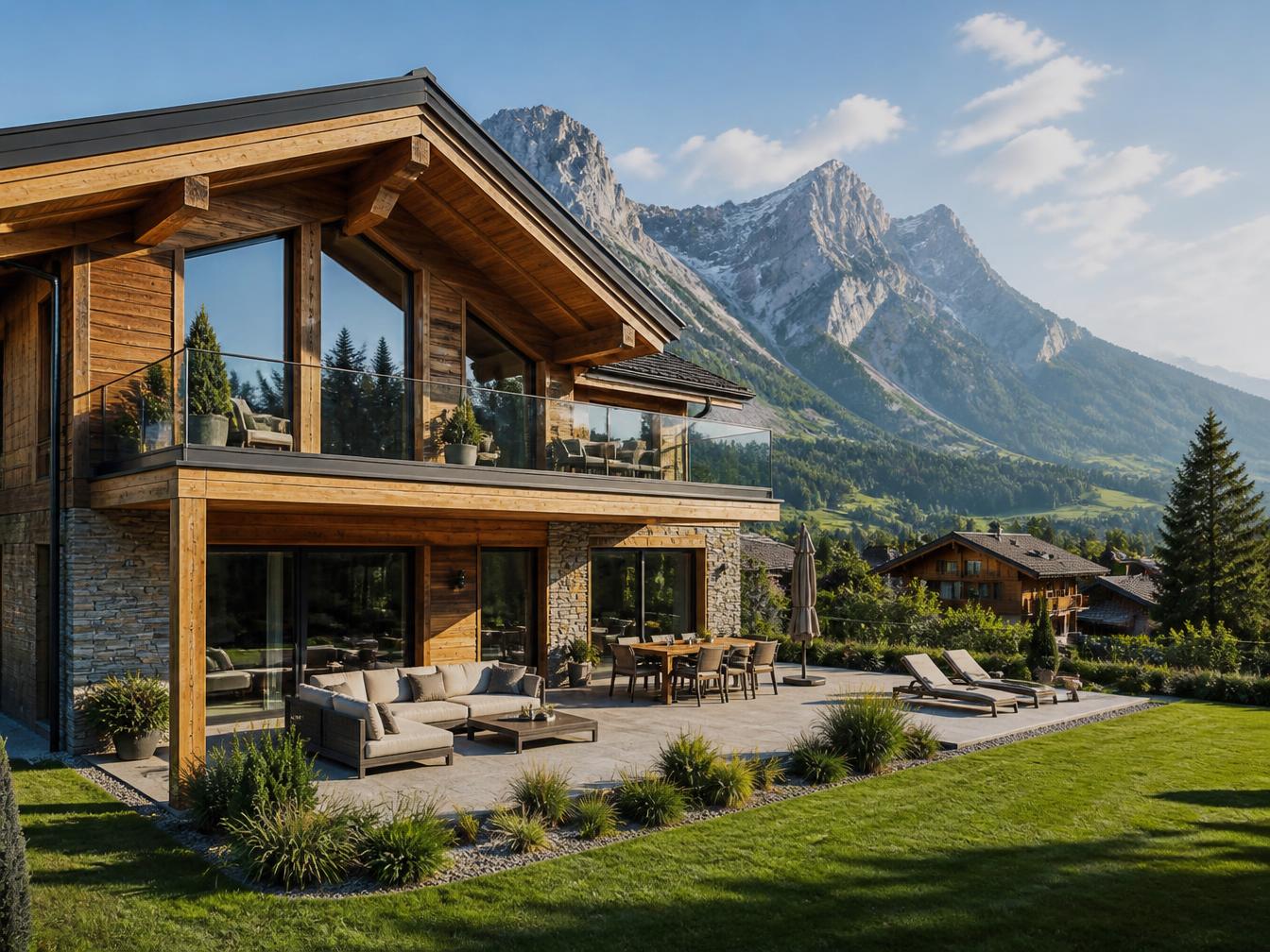 Modern alpine chalet with terrace and mountain scenery