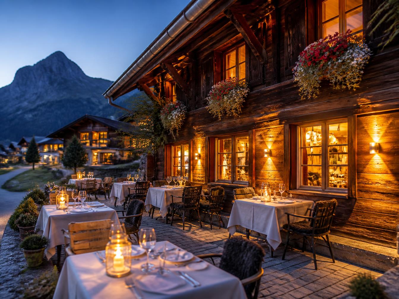Demo-Projekt Restaurant: Gasthaus mit Gartensitzplatz in Berglandschaft
