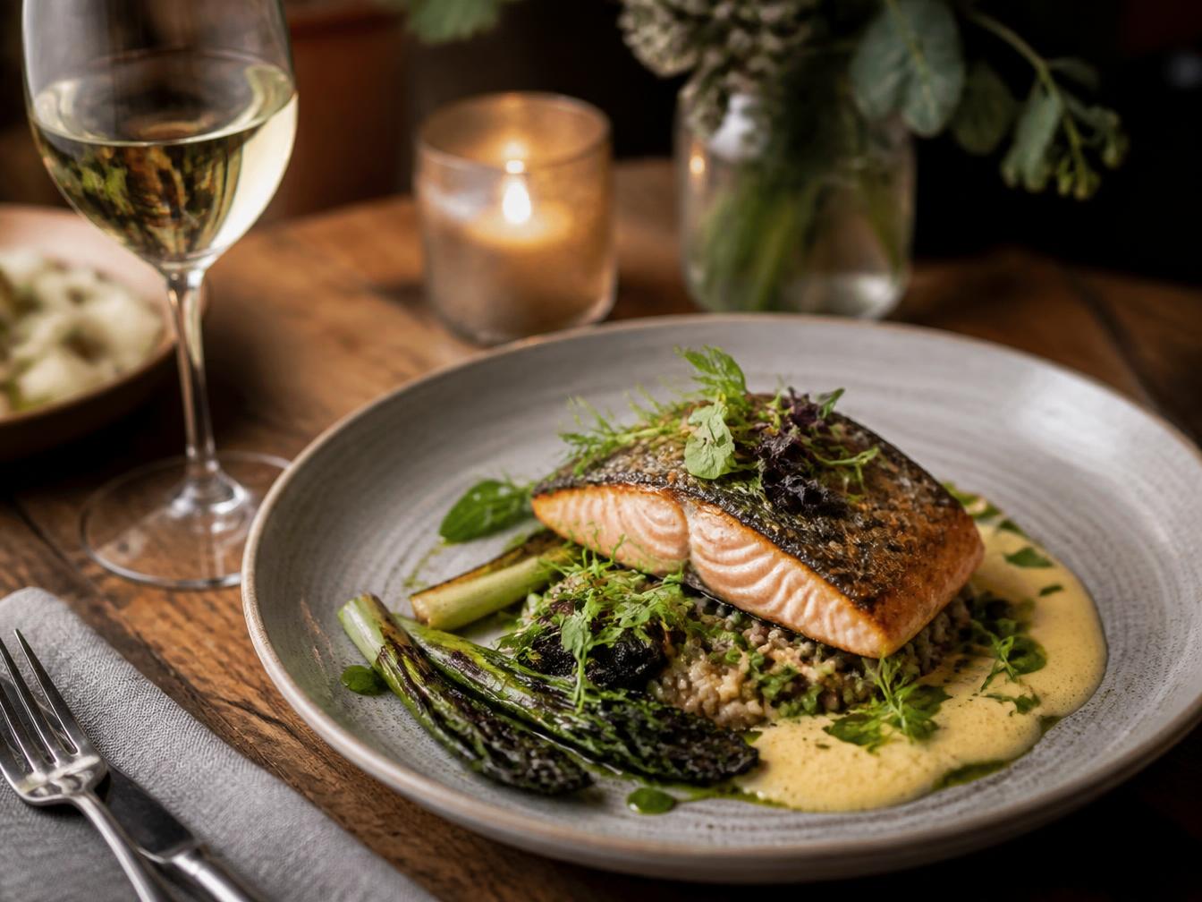 Seasonally prepared dish with white wine in the restaurant