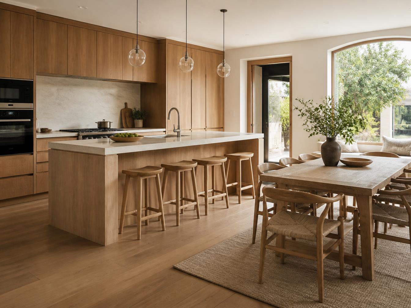 Custom made bright wooden kitchen with dining table